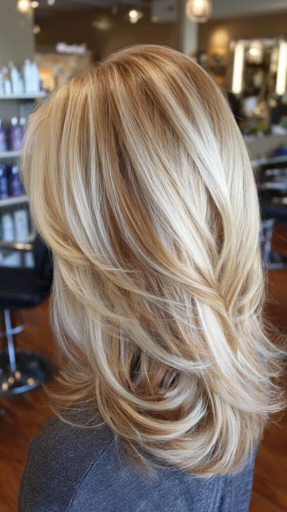 Flowing Caramel Waves with Bright Blonde Highlights