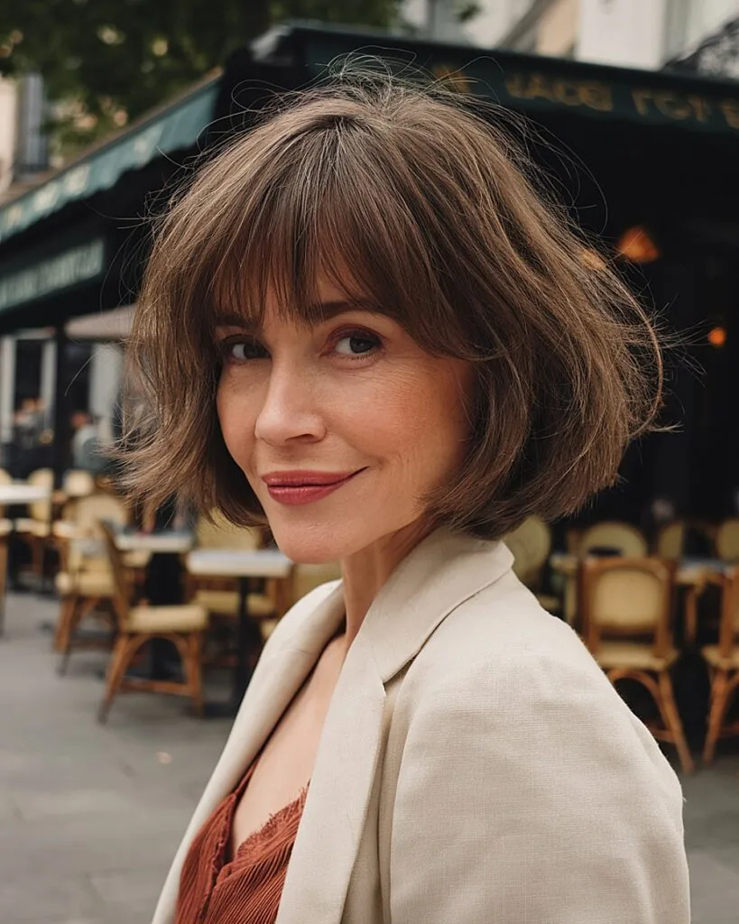 French bob with bangs and soft texture for mature women with medium-thick hair