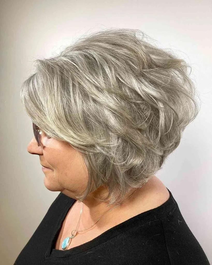 Full-Bodied Salt-and-Pepper Short Bob for Ladies Over Sixty with Round Faces