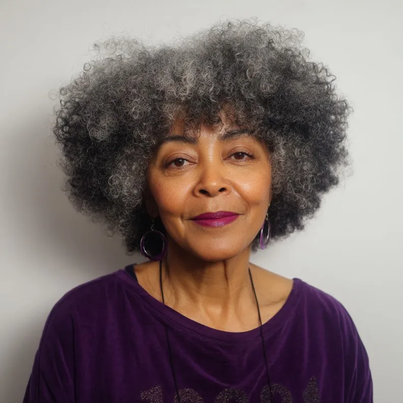 Full Curly Silver Afro with Brow-Skimming Bangs