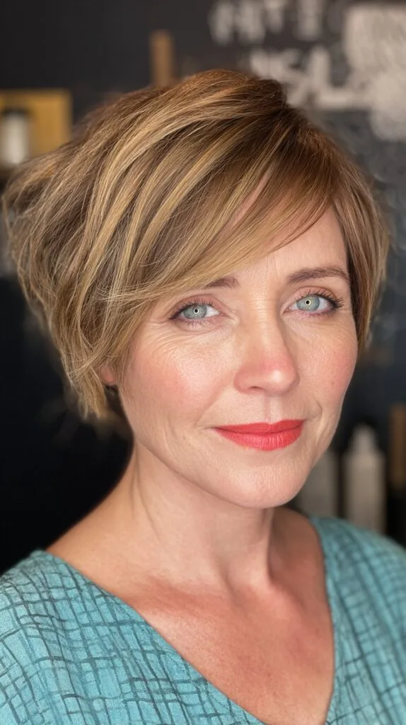 Golden Bronze Layered Pixie with Side Sweep