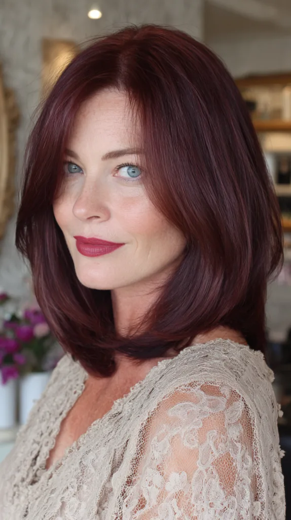 Gorgeous Rich Burgundy Lob with Subtle Face Framing