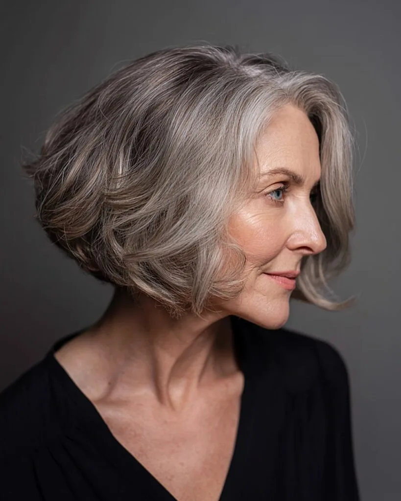 Gracecut angled bob for older women with soft curls and natural gray layering