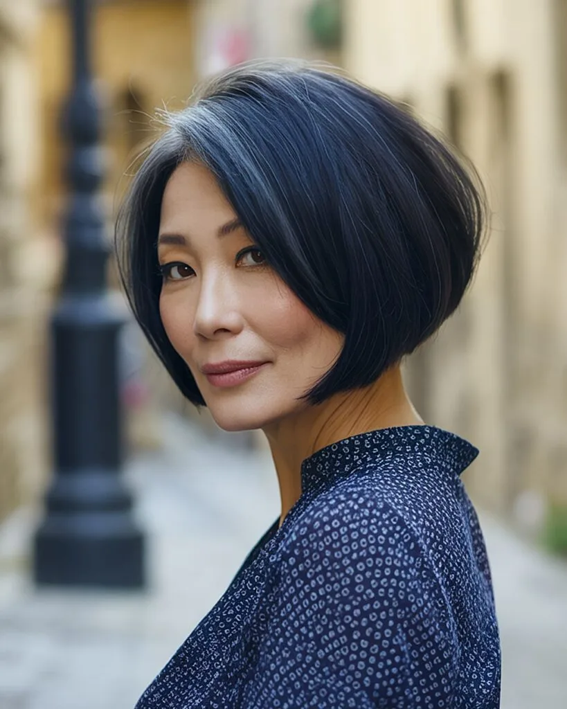 Graduated angled bob for older women with sleek black hair and defined edges
