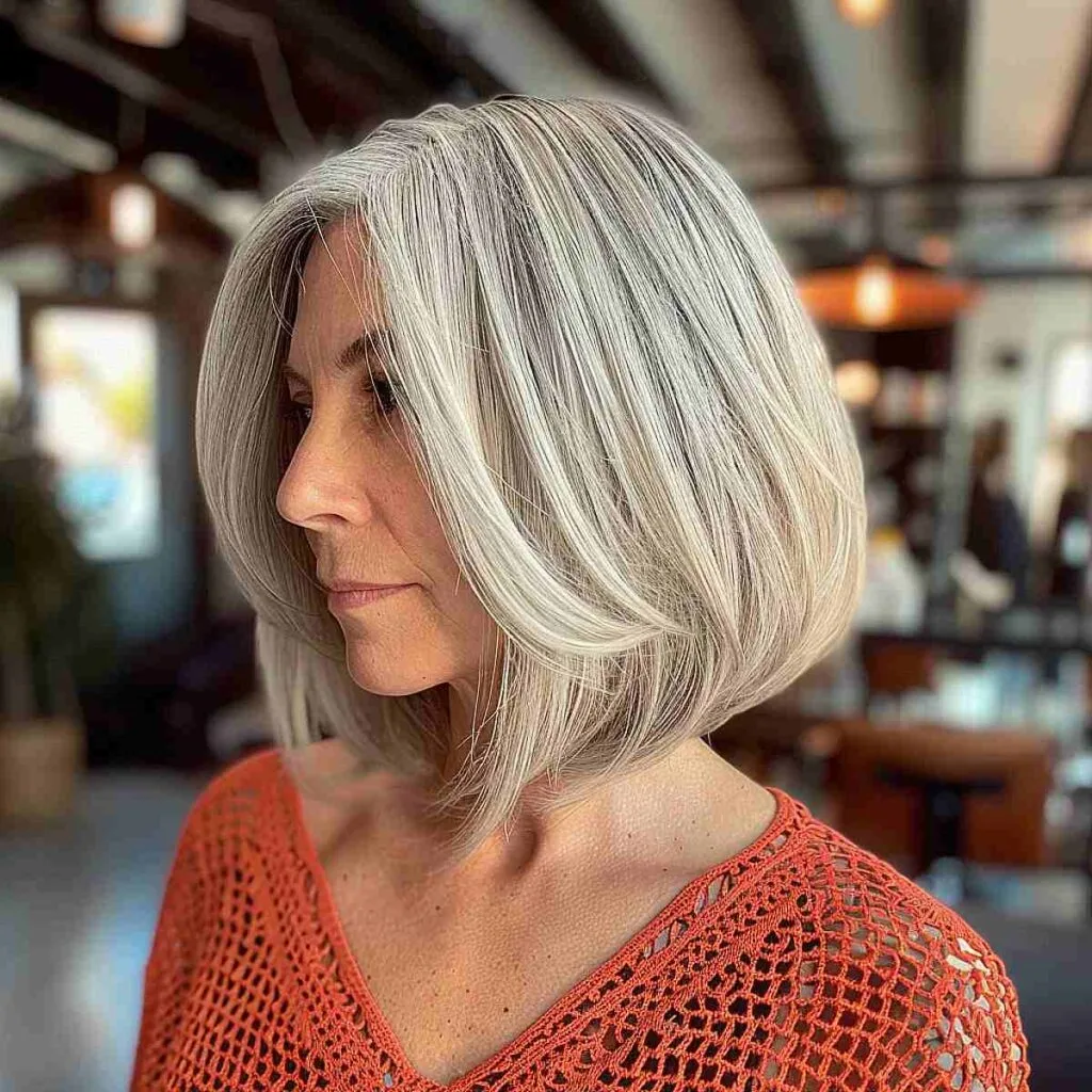 Graduated bob for women over 60 featuring salt-and-pepper hair