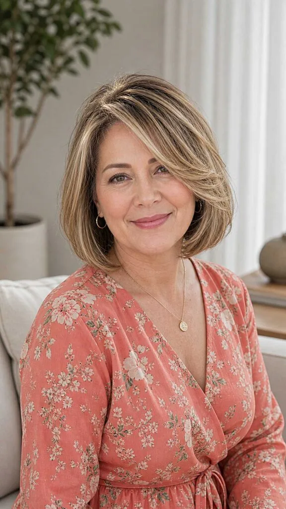 Highlighted chin-length bob with soft swept fringe