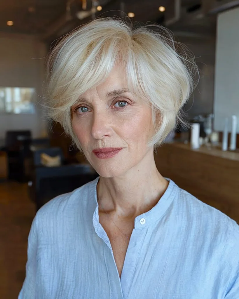 Icy blonde butterfly pixie bob with long sweeping bangs and layered crown for added volume