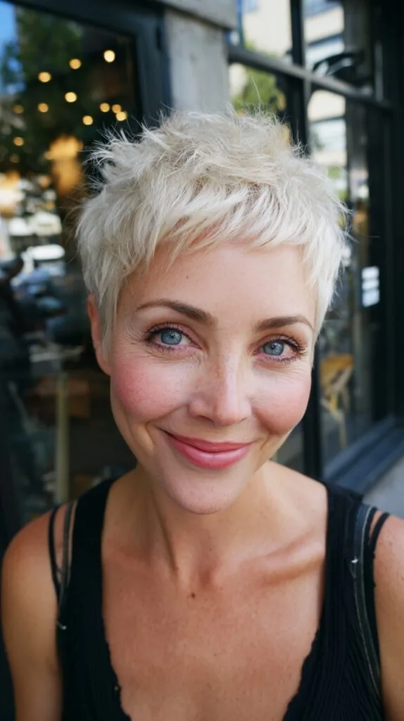 Icy Platinum Choppy Micro-Pixie with Feathered Crown