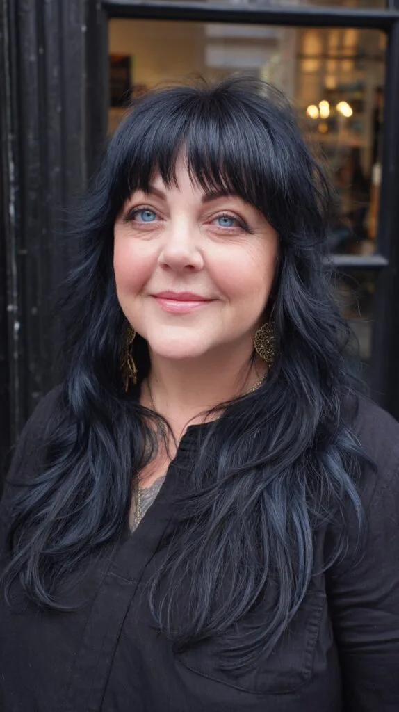 Ink-Gloss Long Wolf Cut with Brow-Framing Micro Fringe