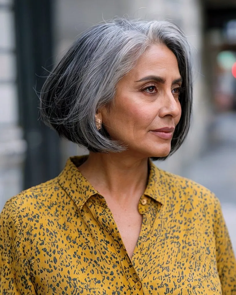 Inverted bob with precise angles and layers for older women with silver hair
