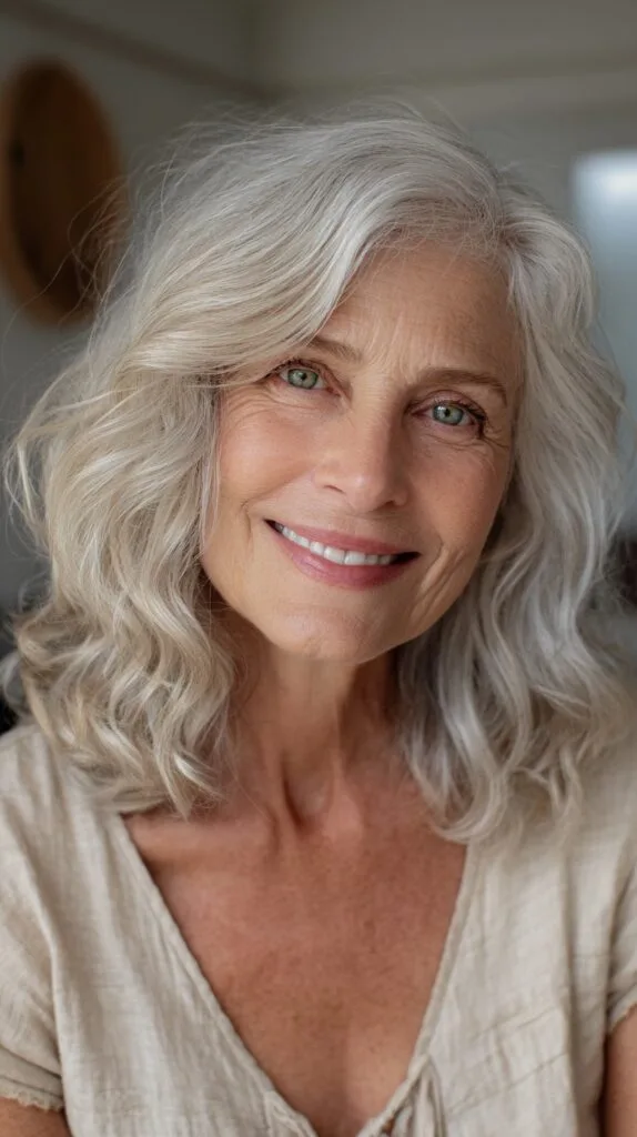 Ivory Gray Shoulder-Length Waves with Deep Side Sweep