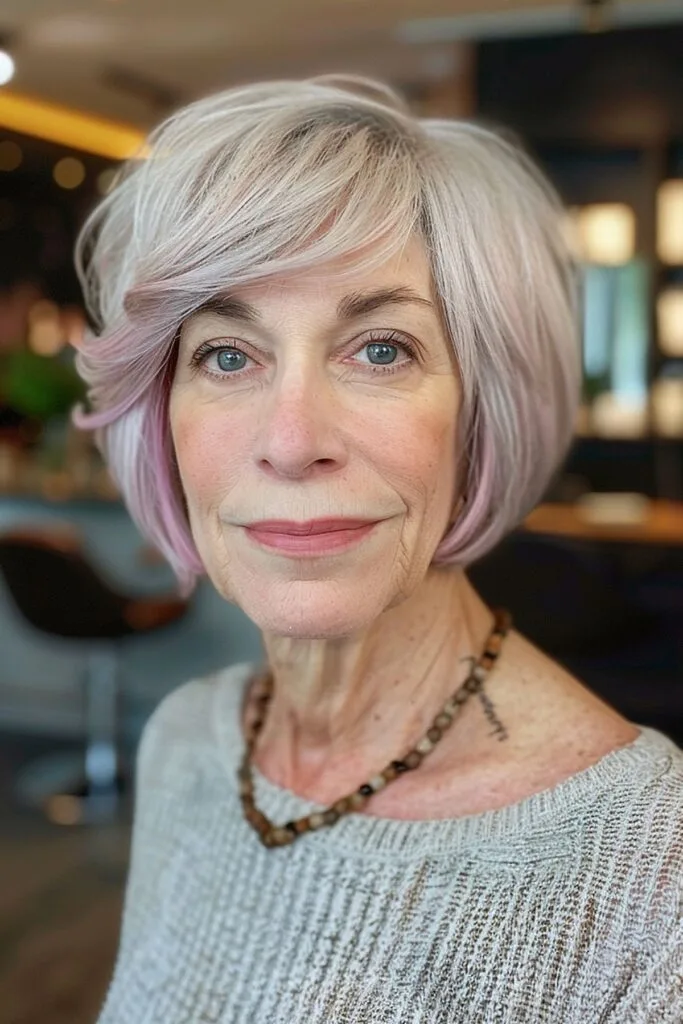 Jaw-length bob with soft pink lowlights and side-swept bangs for mature women