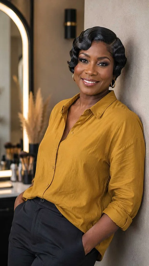 Jet Black Finger Waves with Deep Side Part