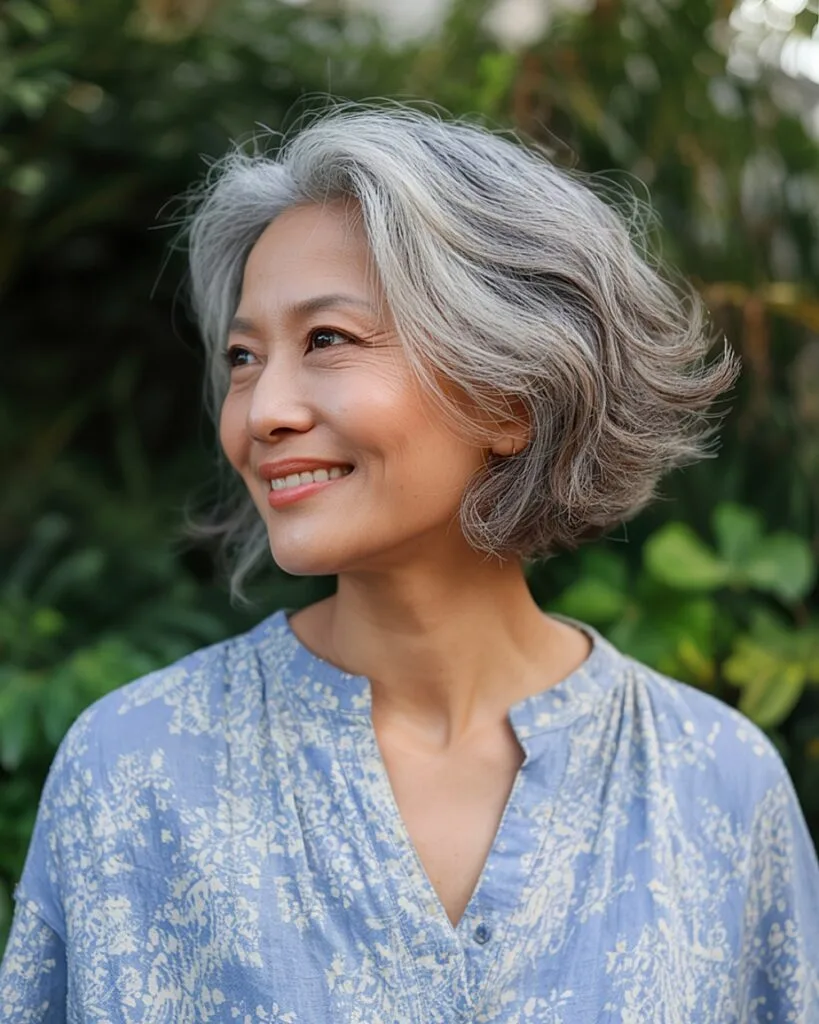 Layered angled bob for older women with gray textured hair and a soft tousled finish