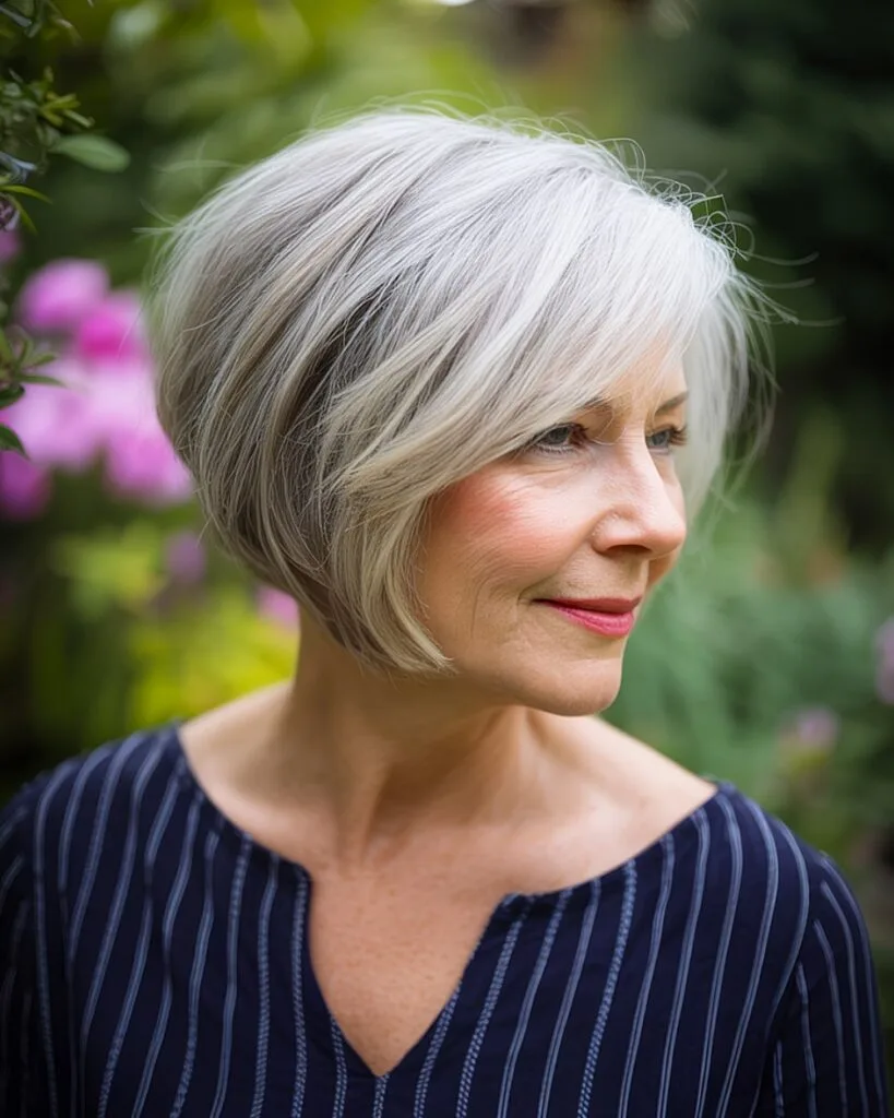 Layered angled bob haircut for older women with fine gray hair and side part