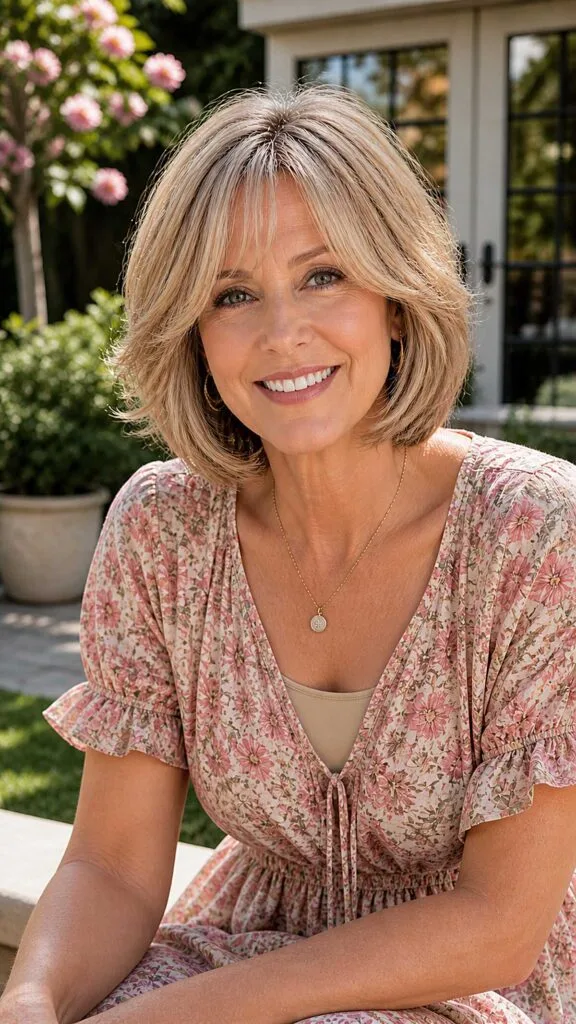 Layered blonde bob with flipped ends and bangs