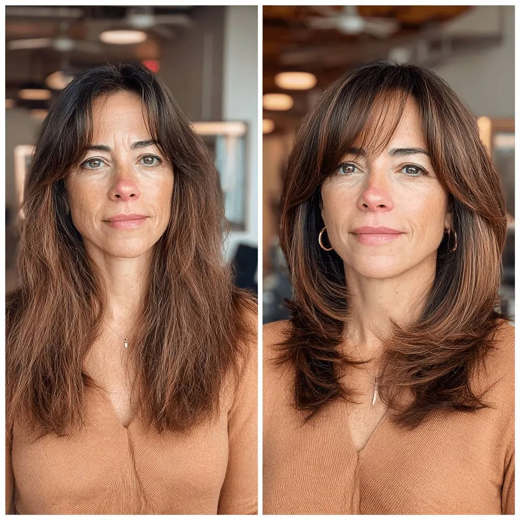 Layered Brunette Cut with Face-Framing Bangs
