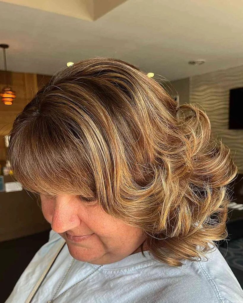 Layered Cut with Dimensional Curls and Bangs for Plus-Size Older Ladies Over 50