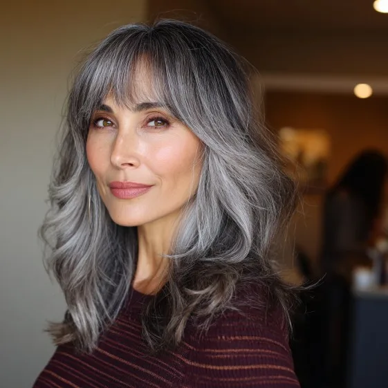 Layered Grey Hair with Soft Bangs