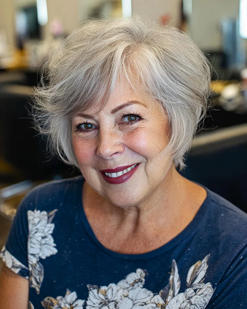 Layered pixie bob with side volume suitable for women over 60