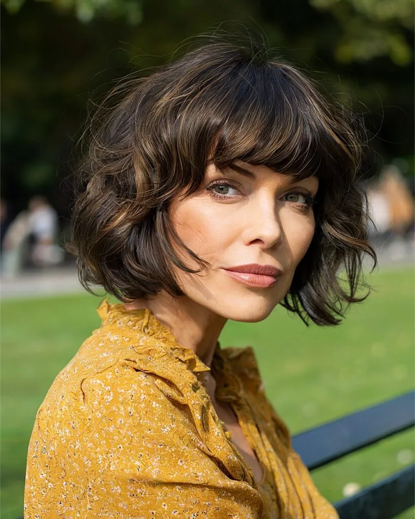 Layered short bob with bangs for movement and definition on wavy hair