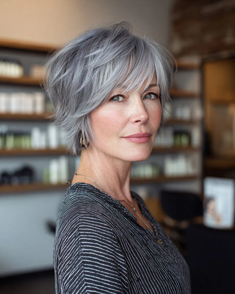 Layered short gray haircut with sculpted shape and full side bangs for women over 50