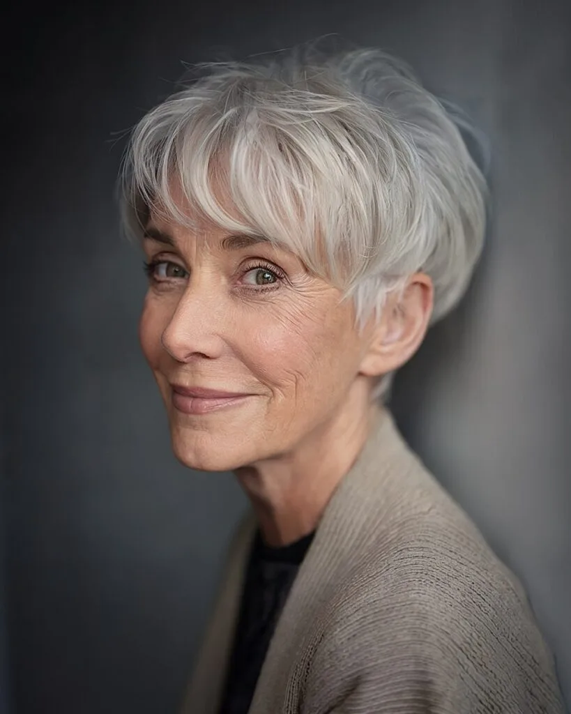 Layered silver-grey pixie bob with textured fringe for elegant short hair