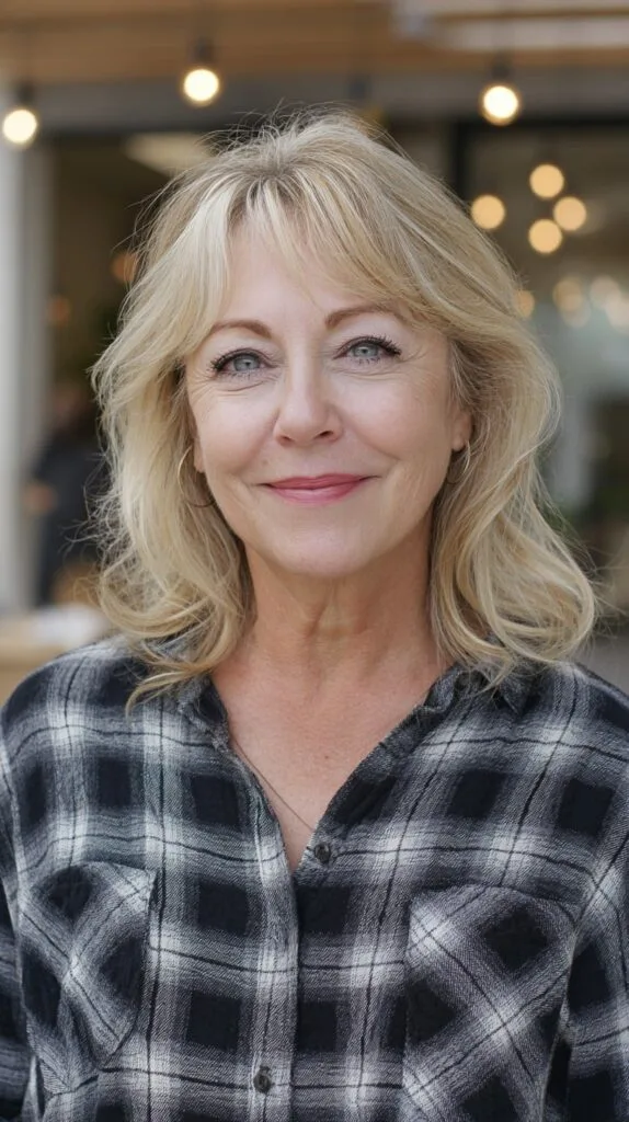 Light Blonde Shoulder-Length Shag with Feathered Curtain Fringe