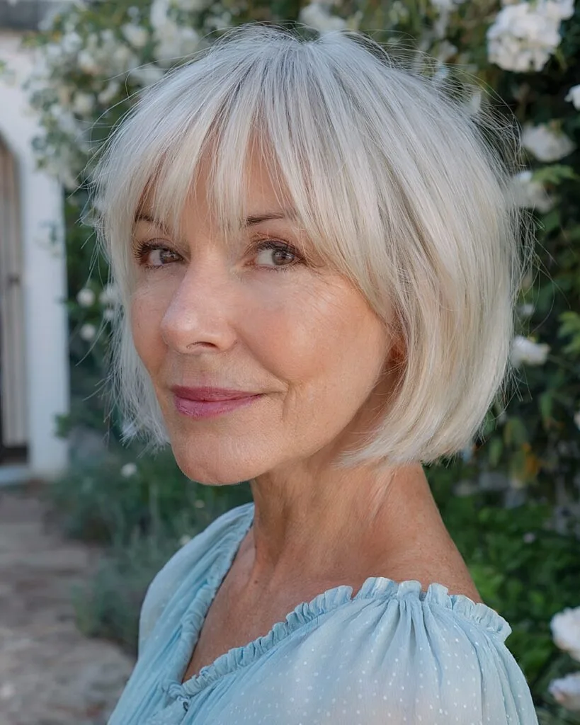 Light platinum-grey bob with fringe bangs for women over 60