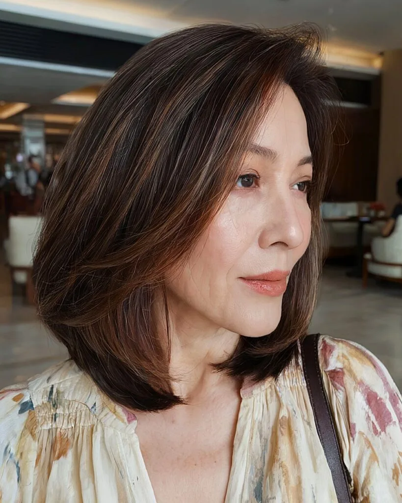 Long angled bob for older women with blended layers and smooth chocolate brown color