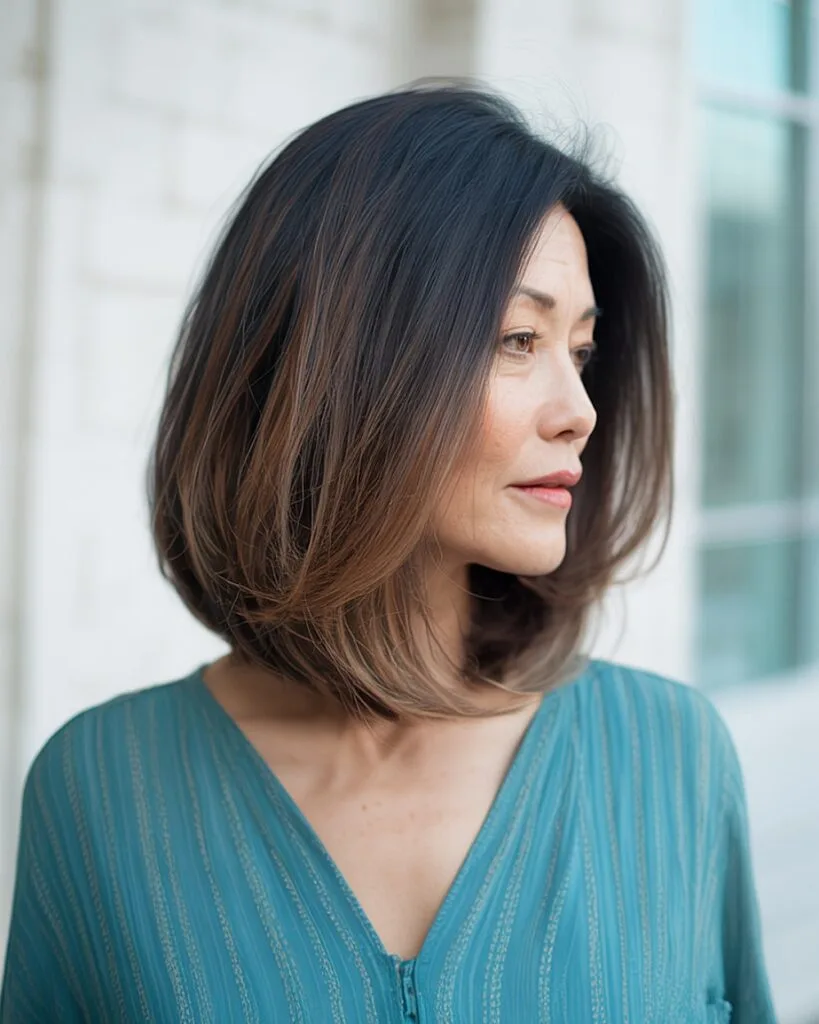 Long angled bob with layered ends for older women with thick, straight hair