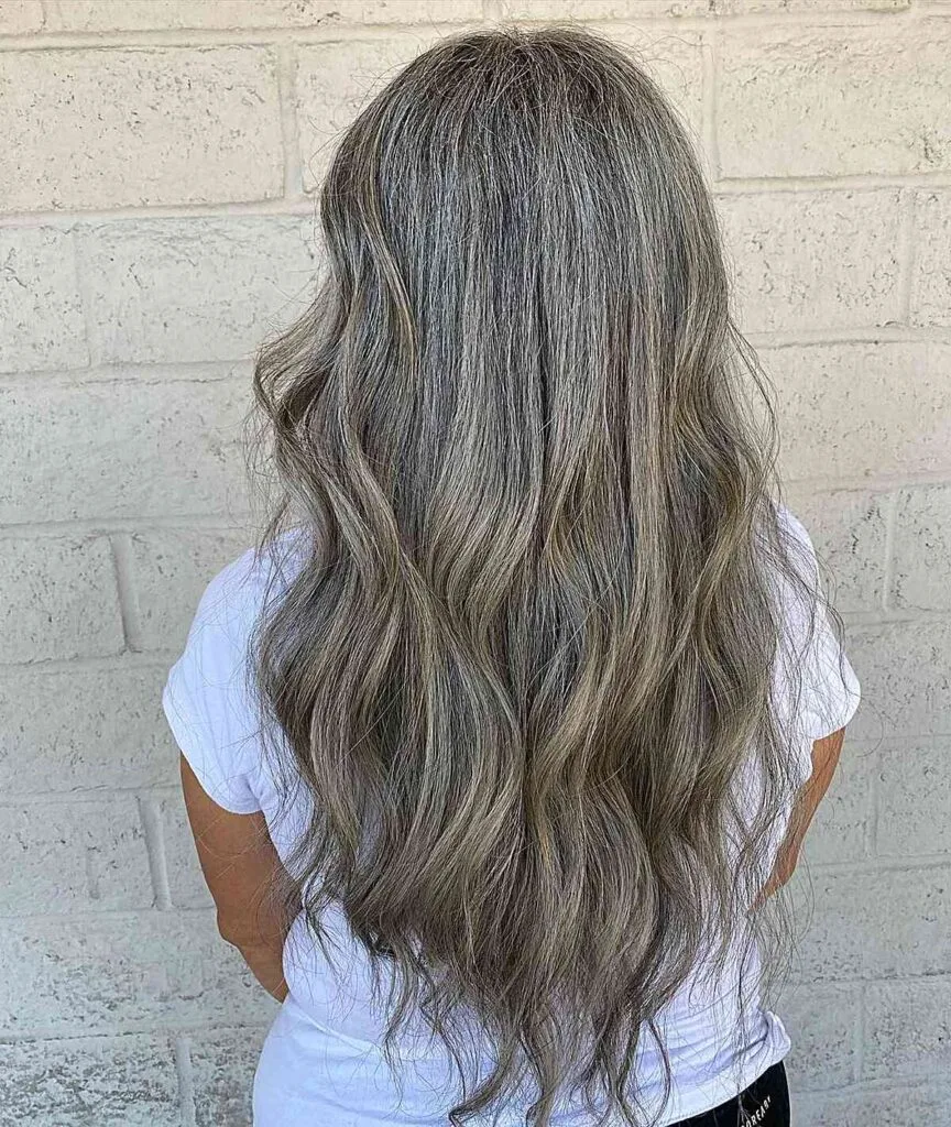 Long Brunette Balayage Hair on Natural Greys for Older Ladies