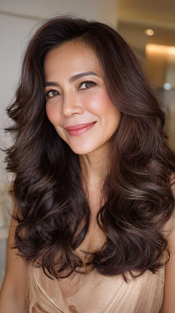 Long dark chocolate layered waves with full volume