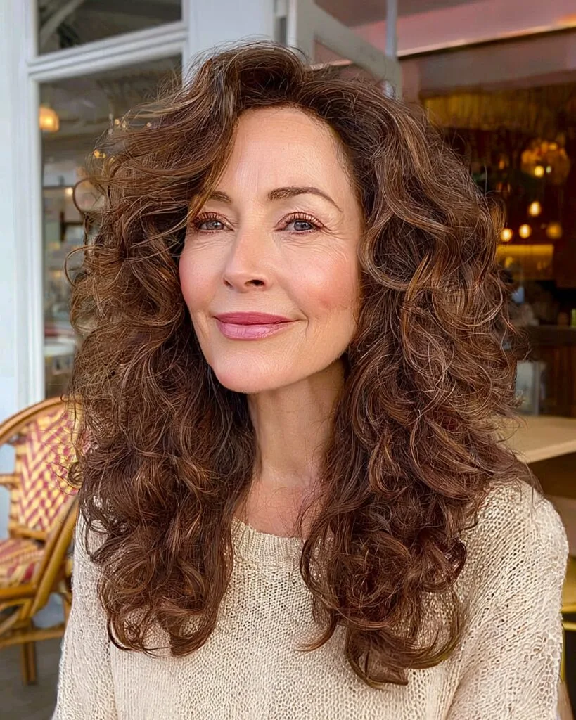 Long layered curly hairstyle with face-framing volume for women over 50 with thick hair