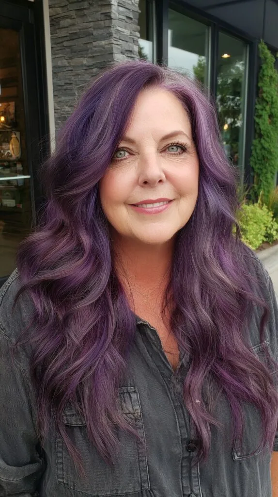 Long Layered Wolf Cut with Purple Balayage and Side-Swept Layers