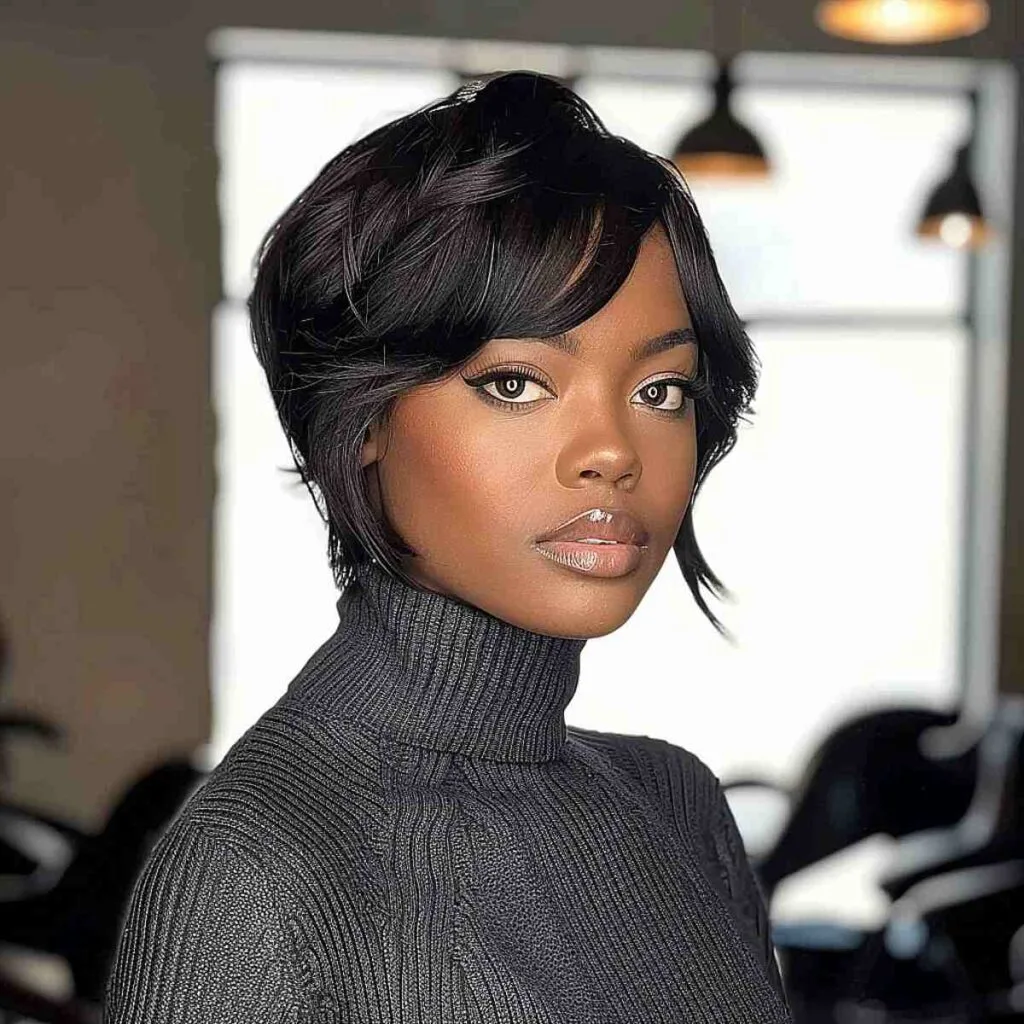 Long pixie hairstyle on an older woman with glasses