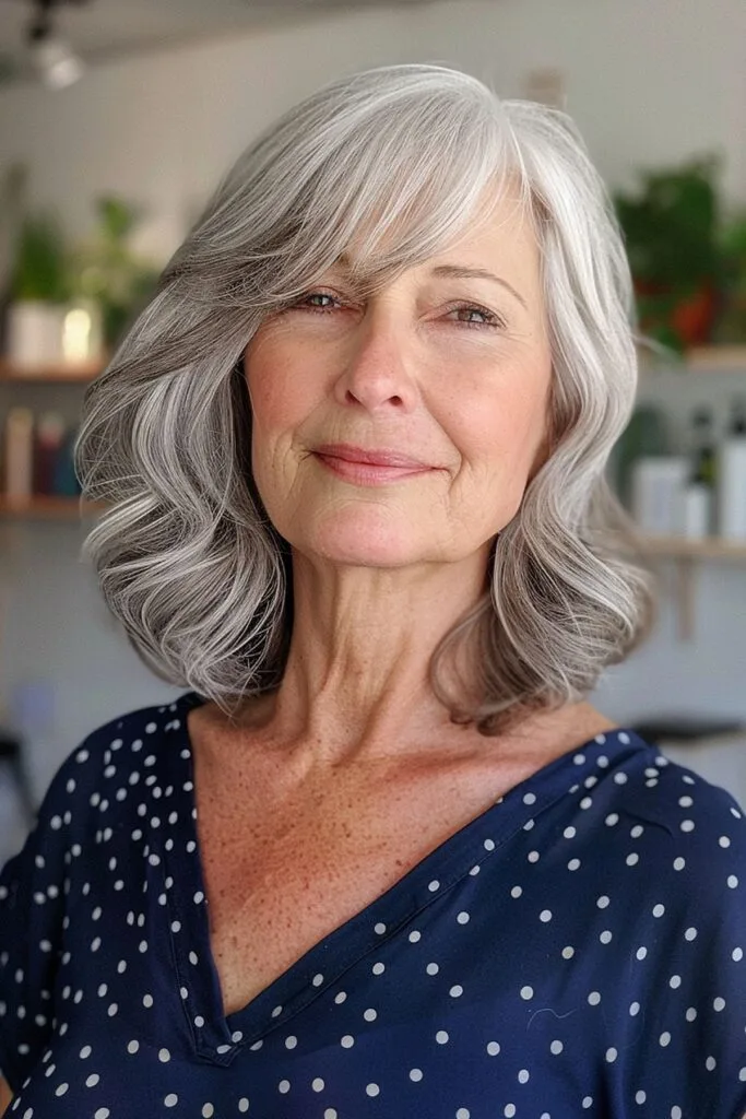 Long Side-Swept Bangs with Razor Cut Lob for women over sixty