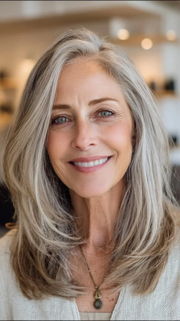 Long Silver Layers with Subtle Crown Stack and Face-Framing Lengths