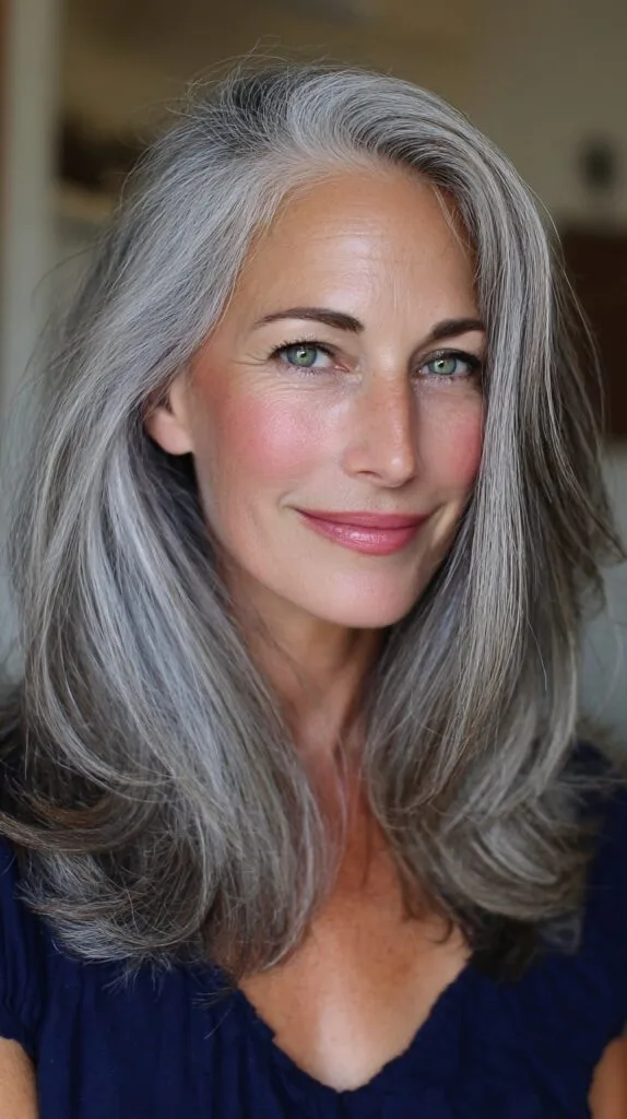 Long Silvery Layers with Face-Framing Curtain and Rounded Blowout