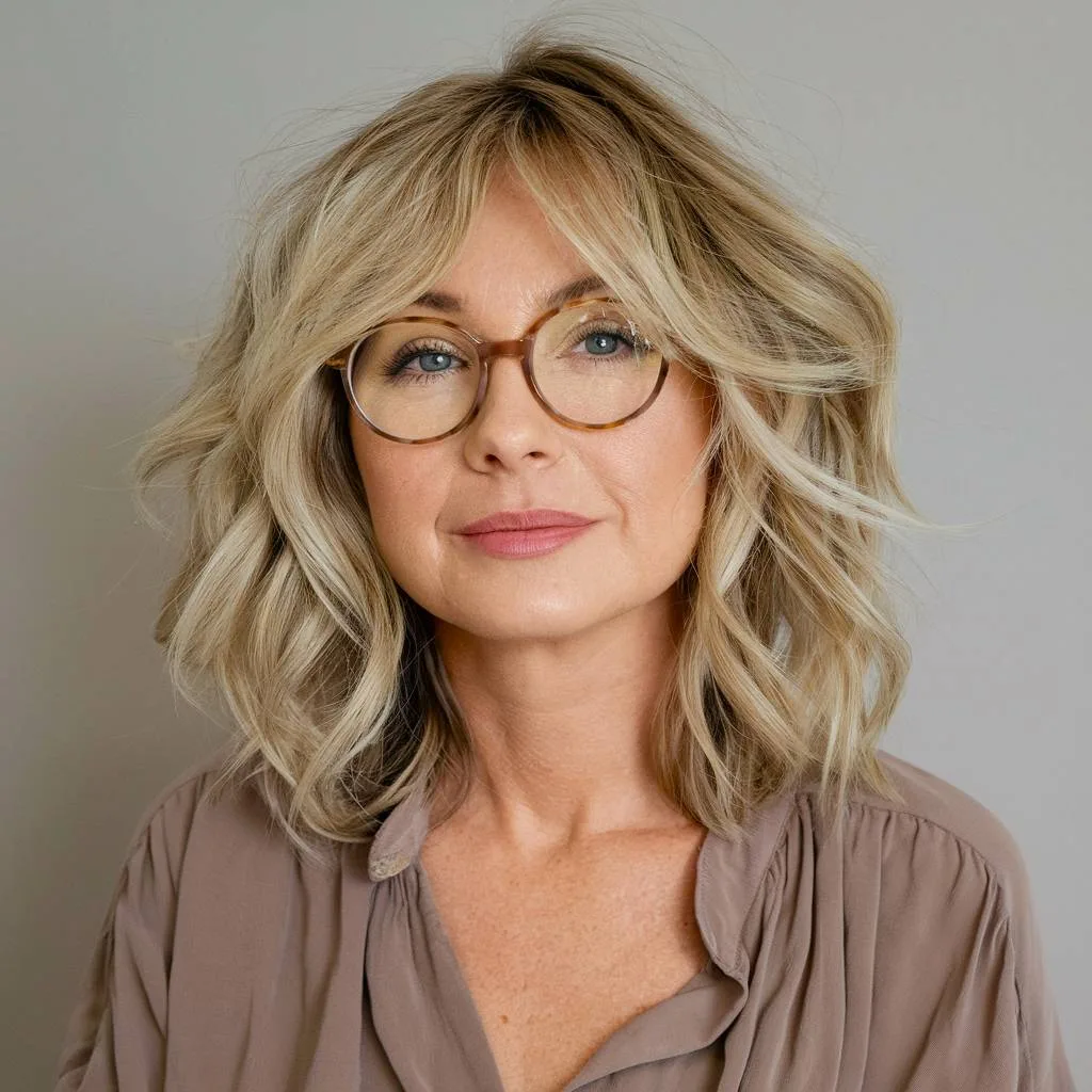 LuxeTousle medium shag haircut with tousled layers and a voluminous, undone texture for a modern, chic style