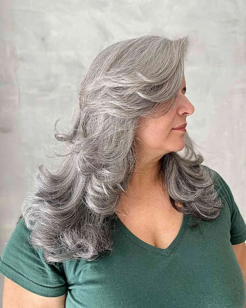 Luxurious Butterfly Layered Hairstyle for Overweight Long-Haired 50-Year-Old Women with Grey Hair