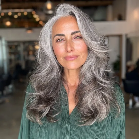 Luxurious Long Grey Layers with Soft Balayage
