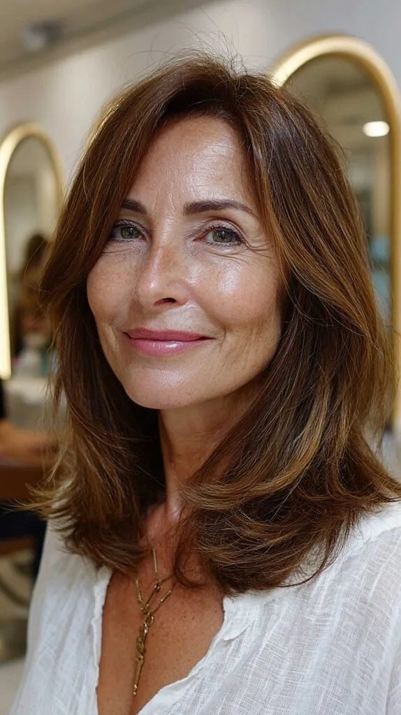 Medium layered auburn-brown hair with feathered ends