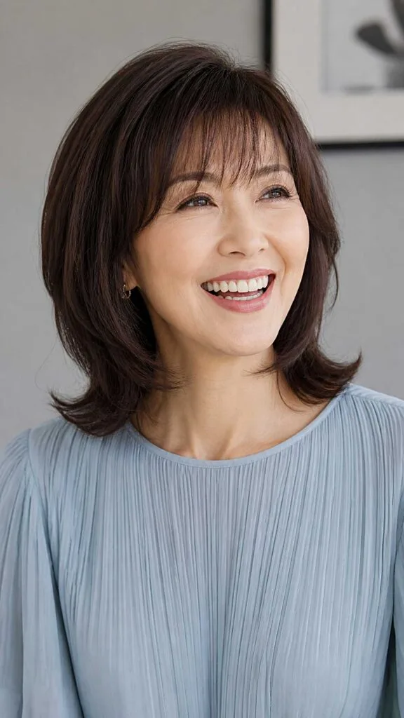 Medium layered dark brown cut with soft curtain bangs