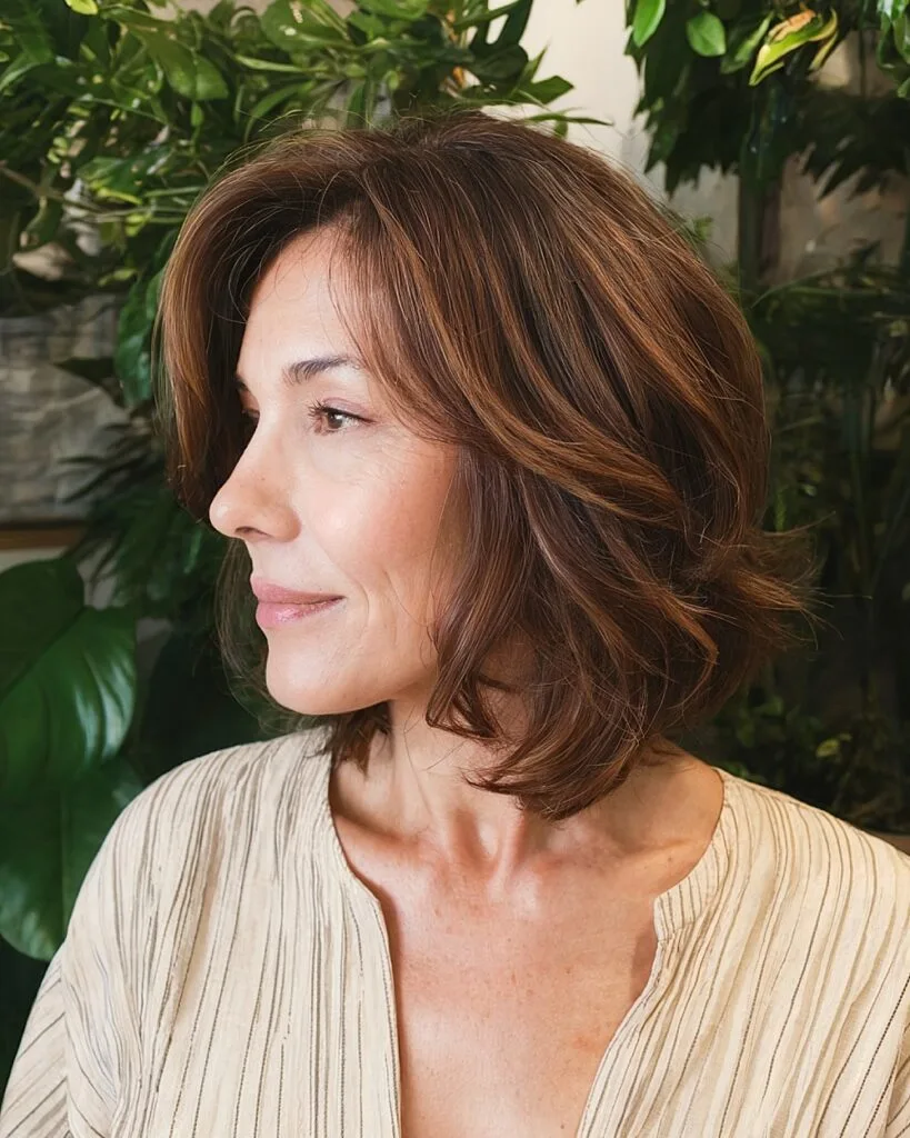 Medium-length angled bob haircut for older women with thick brunette hair and natural body
