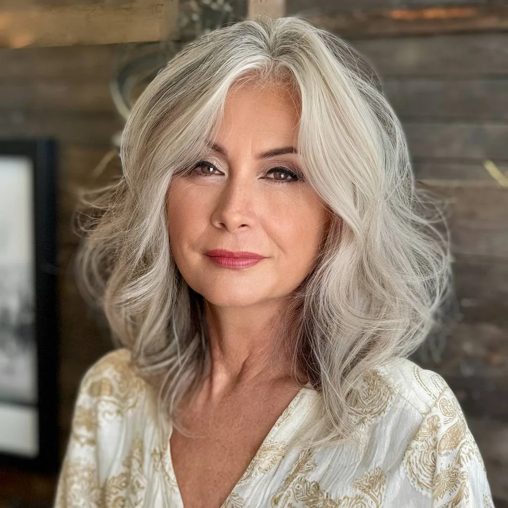 Medium-length FeatherMuse shag haircut with soft feathered layers, creating a voluminous and airy feel