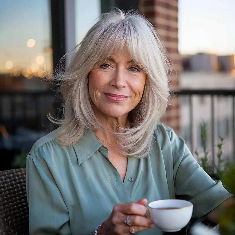 Medium-length shag haircut with feathered layers and full bangs, adding volume and movement to fine hair