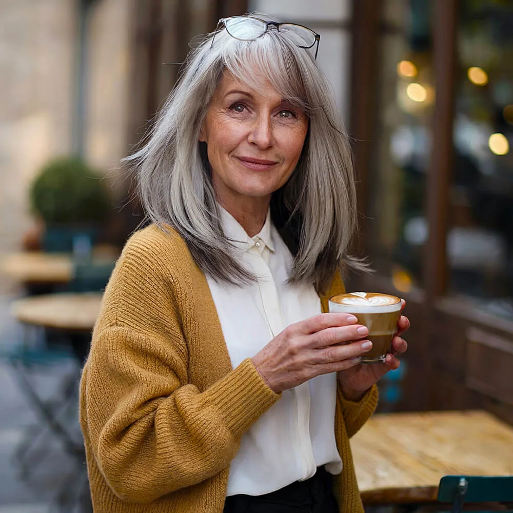 Medium-length shag haircut with layered bangs and natural waves, perfect for framing the face and adding texture