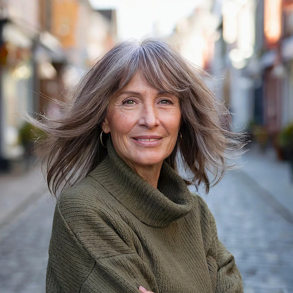 Medium-length shag haircut with soft curtain bangs, featuring face-framing layers for a youthful, airy look