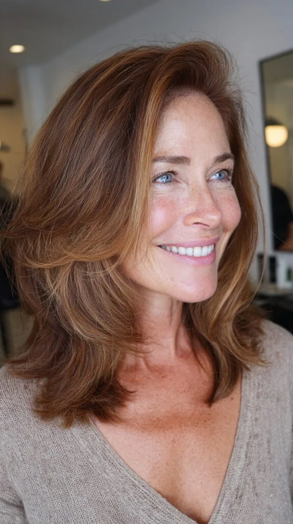 Mid-Length Brunette Butterfly Layers with Root Shadow and Radial Face-Framing